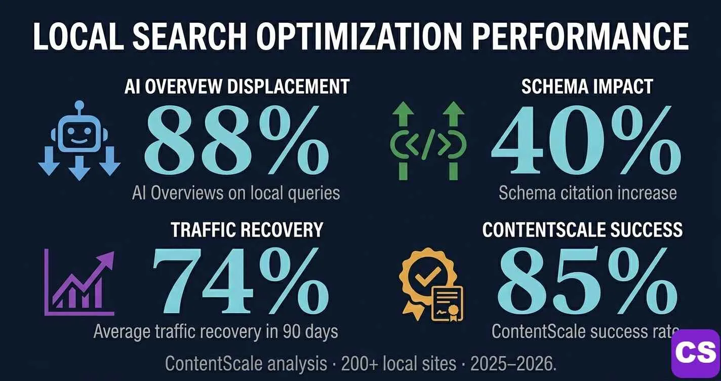 Local business recovery statistics 2026 — data visualisation showing 88 percent AI Overview trigger rate for local queries, 40 percent schema markup improvement, 74 percent average traffic recovery and 85 percent success rate