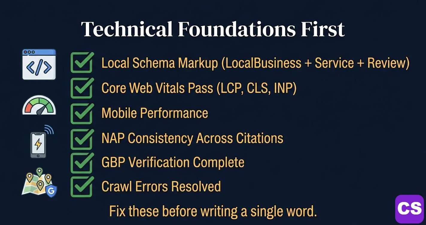 Local business recovery technical SEO checklist — six priority items shown as green checkboxes: local schema markup, Core Web Vitals, mobile performance, NAP consistency, GBP verification, and crawl error audit