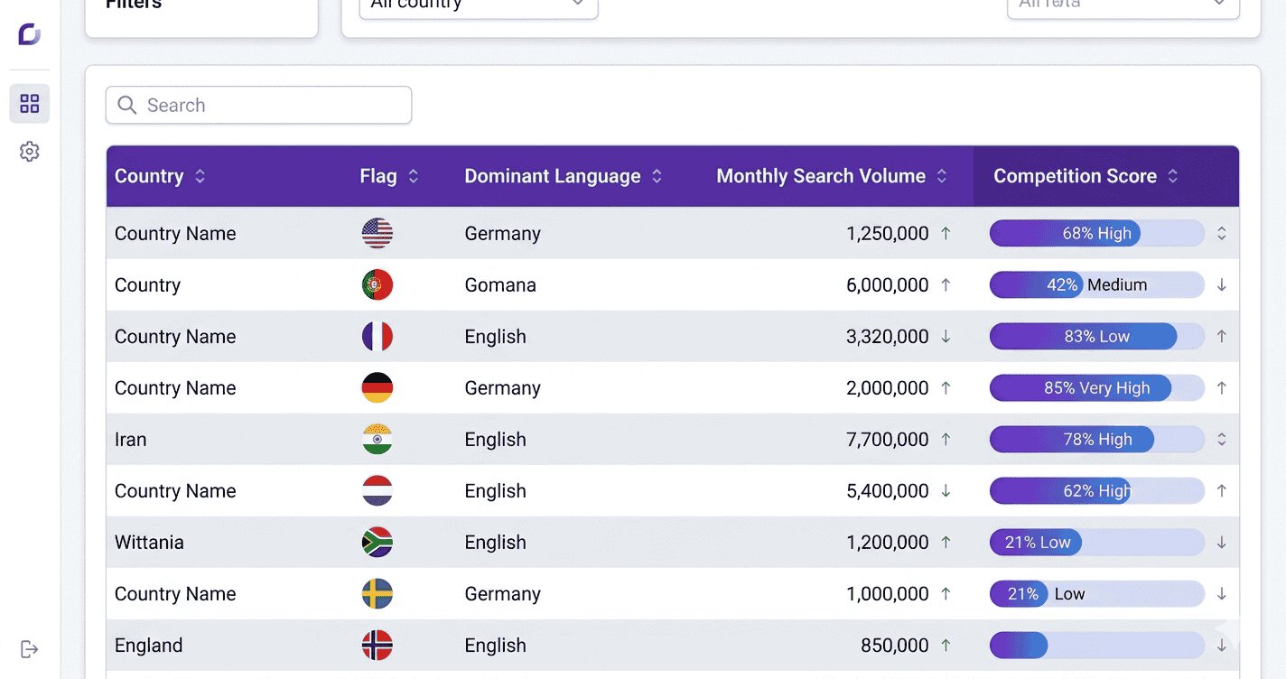 Multilingual SEO market analysis dashboard showing language flags, country search volumes and keyword competition data
