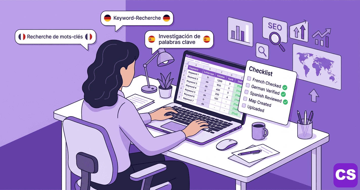 Native speaker reviewing international keyword research list with cultural accuracy checklist and language-specific search intent notes