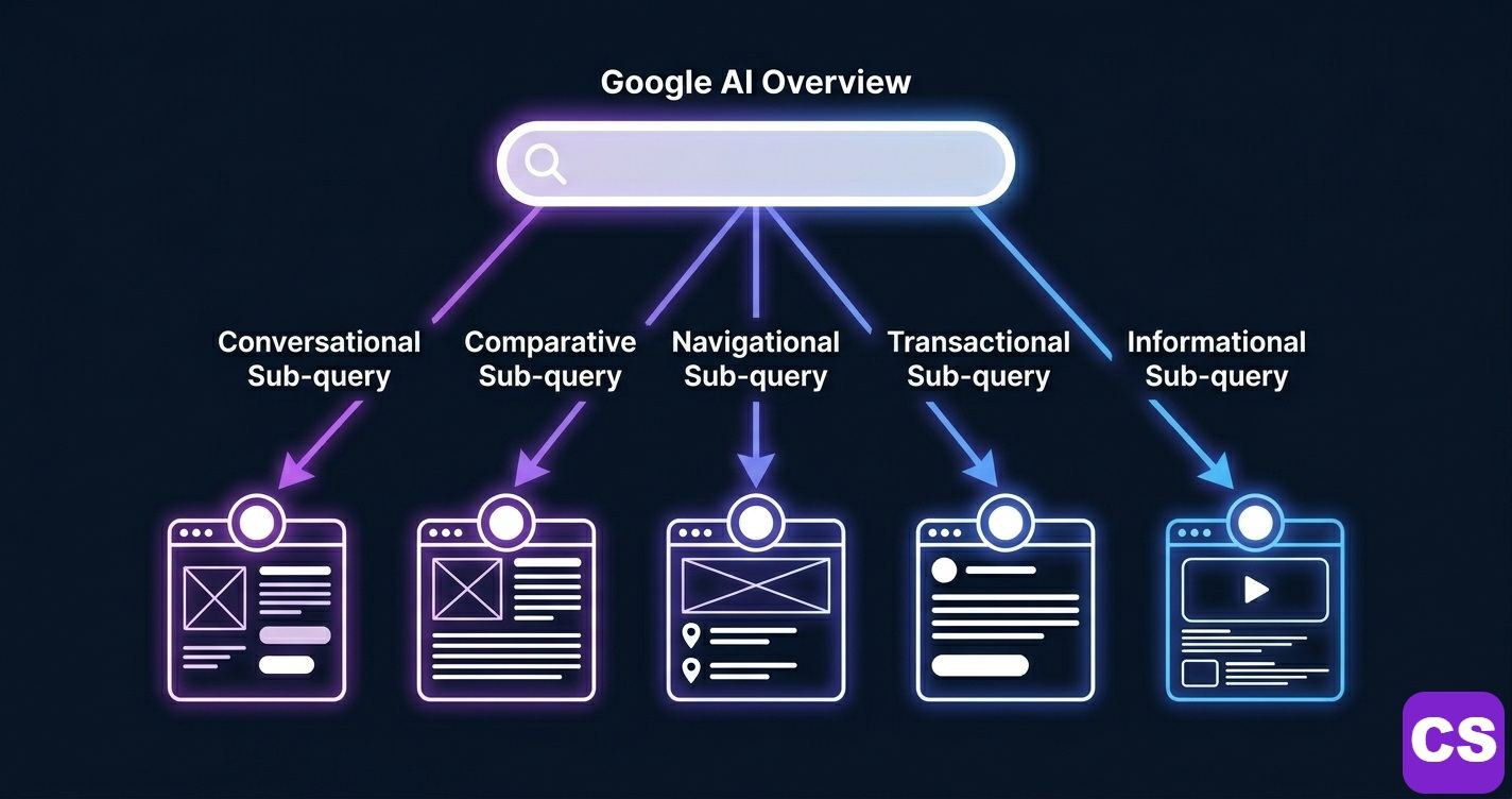 Diagram showing Google query fan-out process splitting one search query into five sub-queries that source different pages