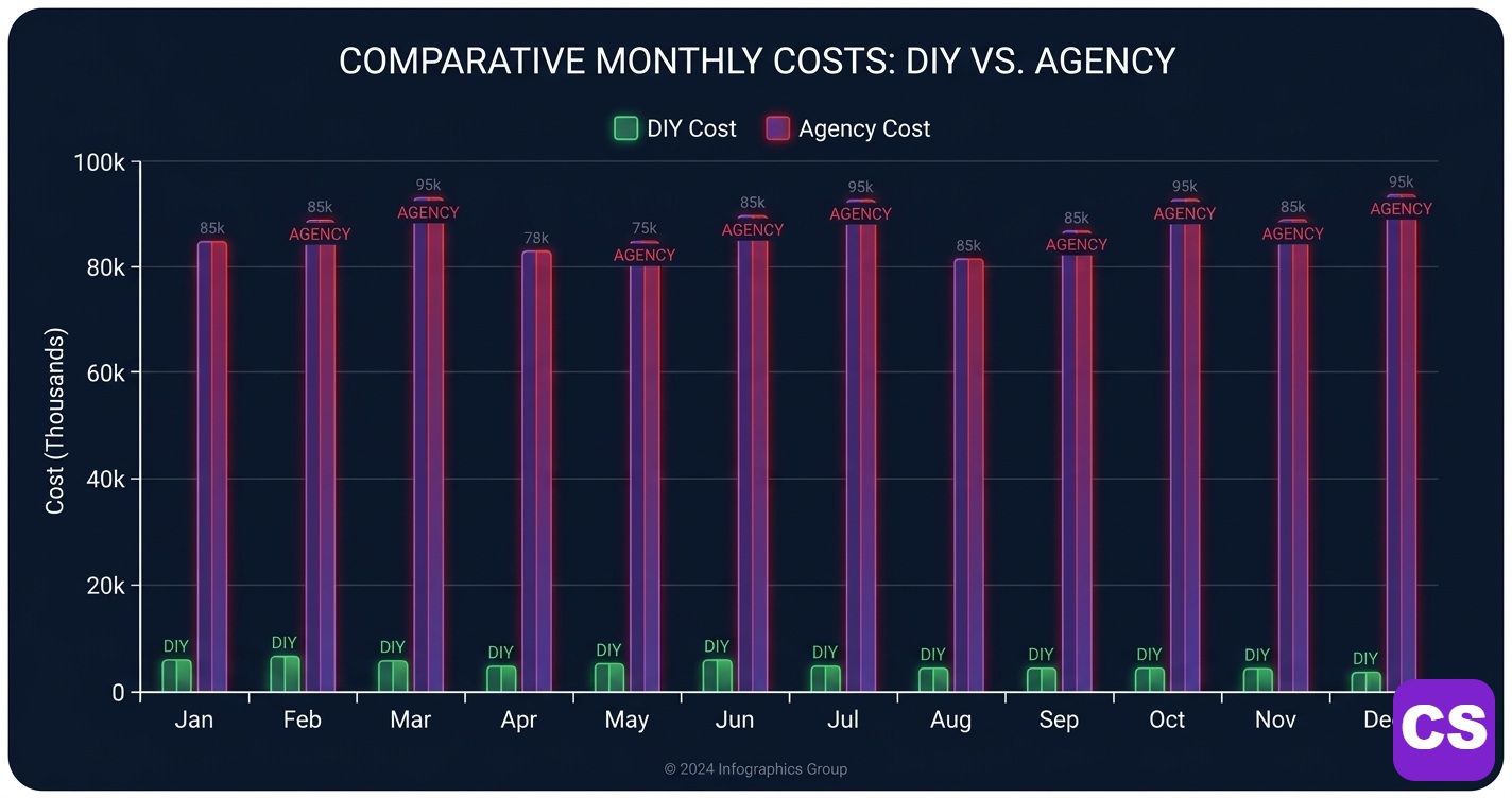 SEO recovery cost comparison chart showing DIY vs agency costs over 12 months