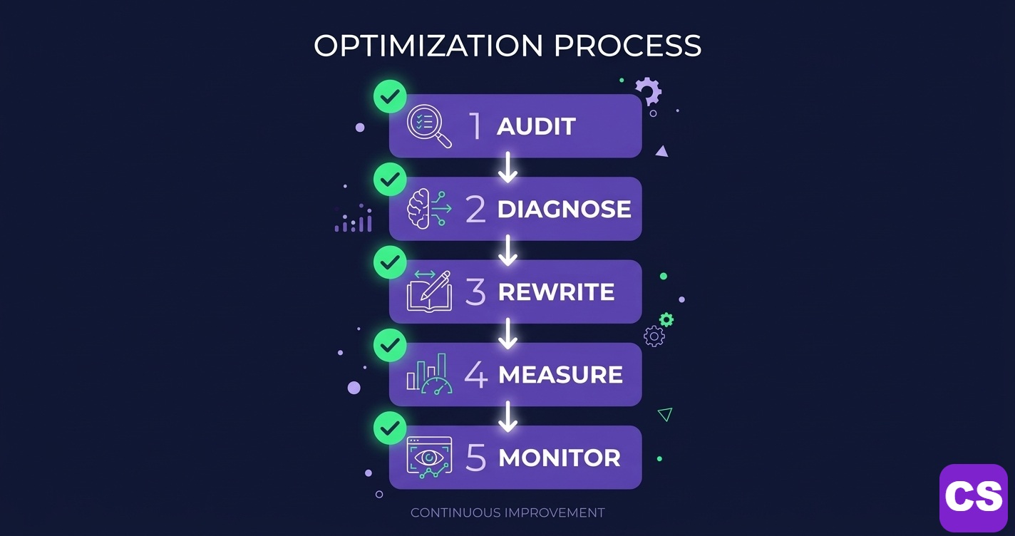 Structured DIY SEO recovery process flowchart showing 5-step GRAAF framework application