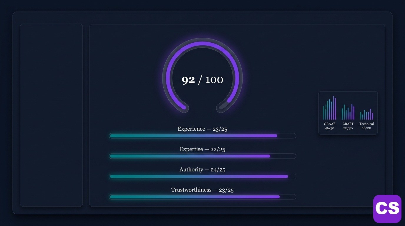 ContentScore audit dashboard showing YMYL page scoring at 92 out of 100 with E-E-A-T breakdown across Experience Expertise Authority and Trustworthiness dimensions