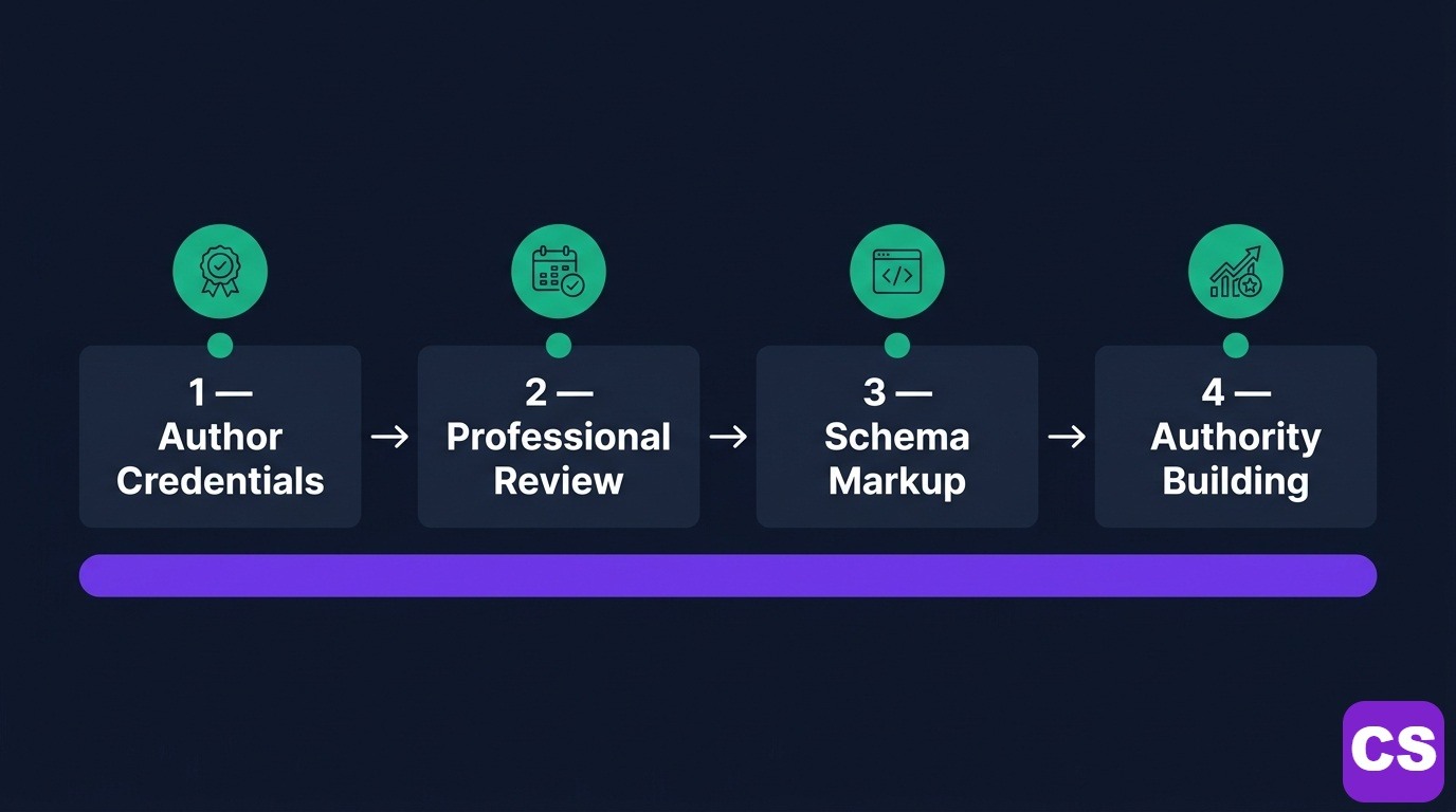 YMYL E-E-A-T implementation roadmap showing four sequential phases from author credential signalling through professional review to schema markup and ongoing authority building
