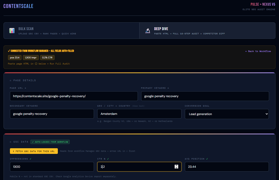 Content Scale PULSE NEXUS framework diagnosis — purpose urgency legitimacy structure engagement authority linking semantic depth