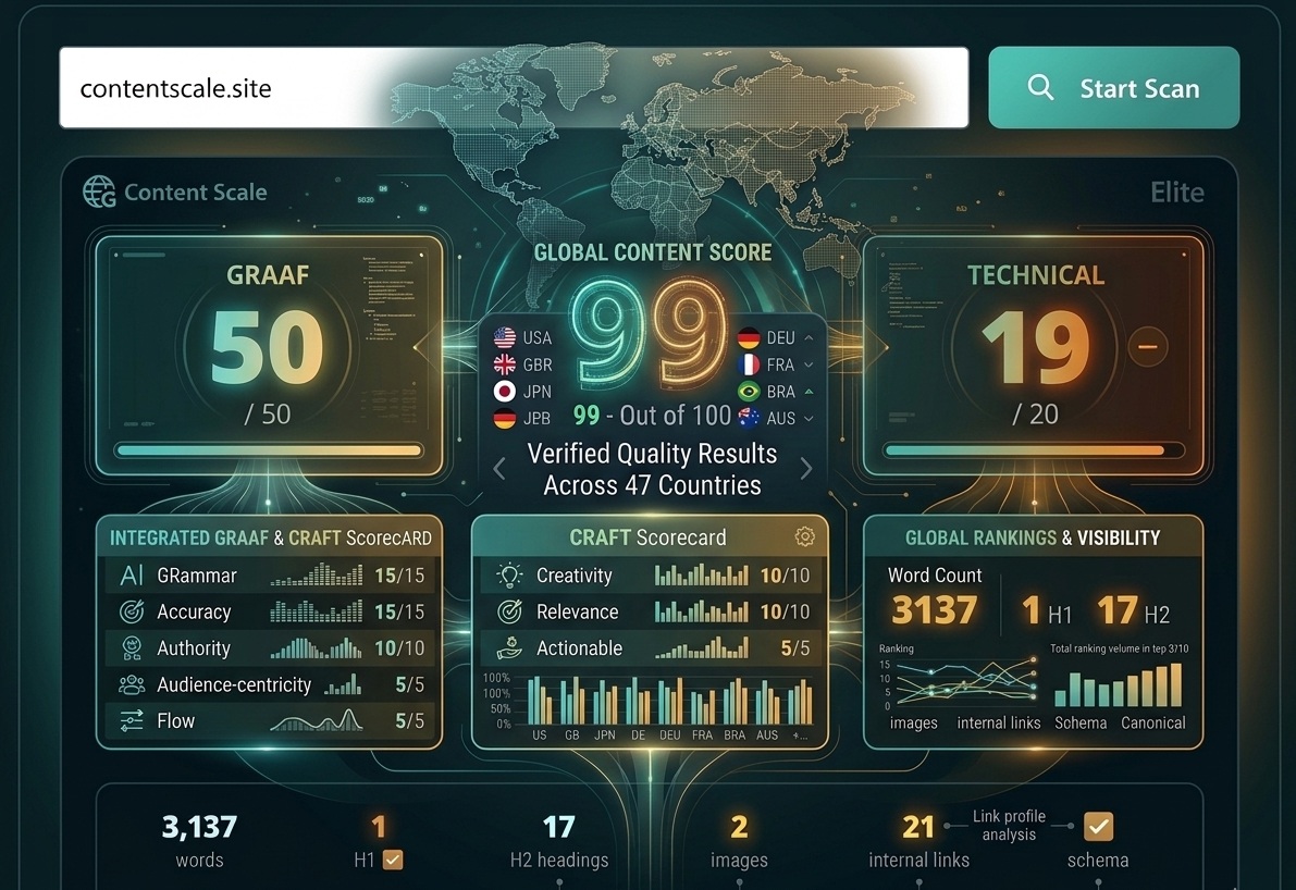 Content Scale GRAAF Framework ContentScore world map — global SEO content quality scoring across 47 countries