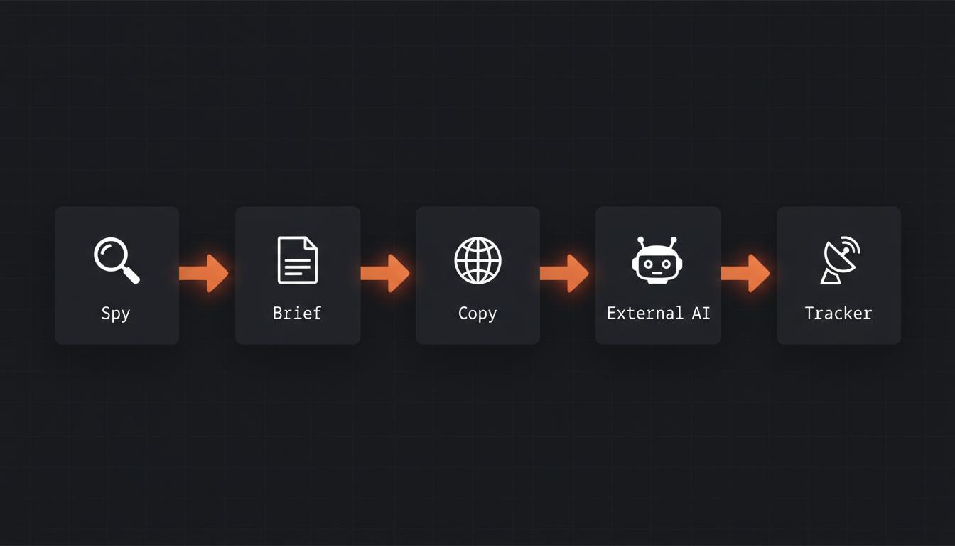 Live Citation Brief pipeline: Spy analyses competitors, Brief writes the fixes, Copy is ready to paste, then External AI and the Tracker verify the result