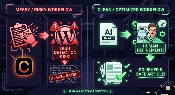 Copy-pasting AI content without editing versus proper AI-assisted content workflow