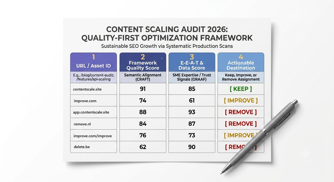 Content scaling audit — a four-column template scoring each URL and assigning keep, improve, or remove