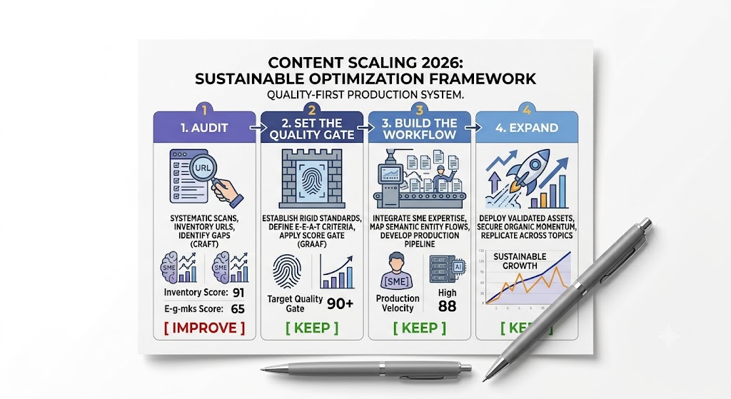 Content scaling steps — audit, set the quality gate, build the workflow, then expand