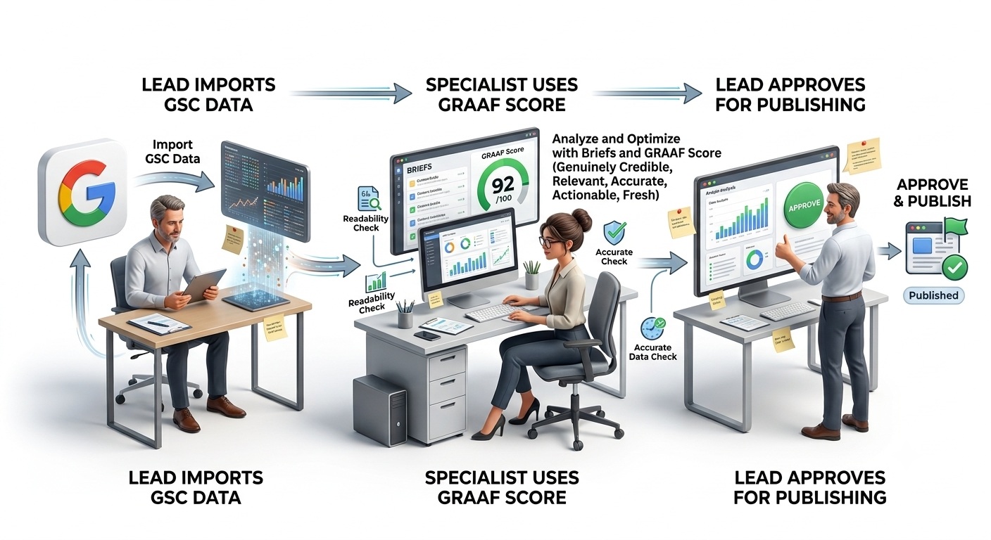 Diagram showing the Lead-to-Specialist workflow: Lead imports GSC data, Specialist uses GRAAF Score, and Lead approves for publishing