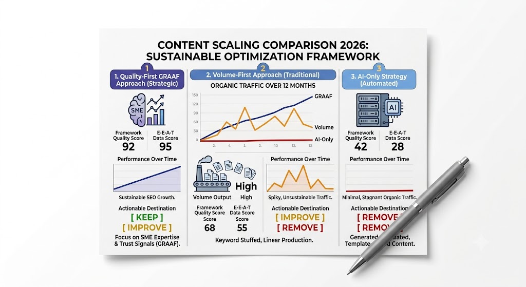 Content scaling comparison — quality-first GRAAF approach versus volume-first and AI-only strategies