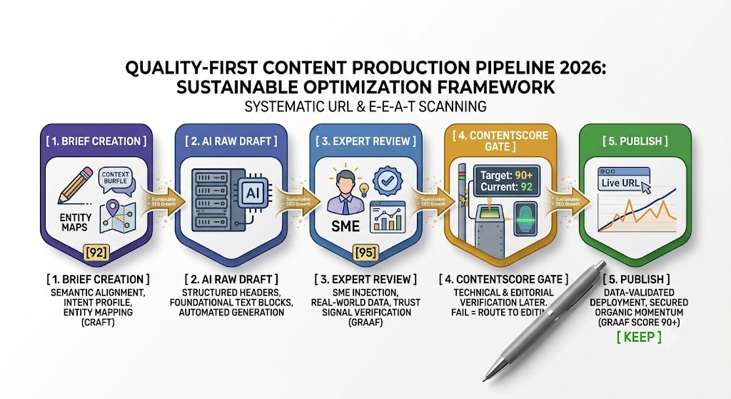 Content scaling workflow — brief, AI draft, expert review, ContentScore gate, then publish