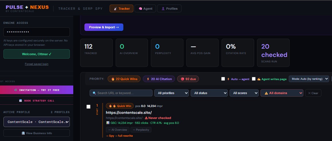 ContentScale PULSE + NEXUS dashboard showing pages tracked, AI Overview and Perplexity citation tracking, and prioritized quick-win fixes