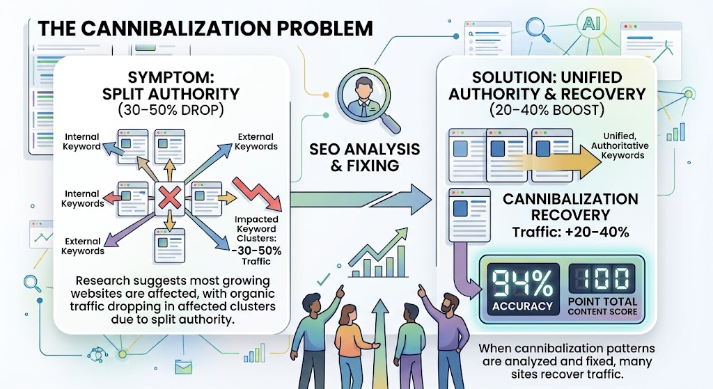 Keyword cannibalization problem — multiple pages competing for the same query, detected by ContentScale