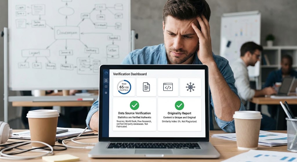 Originality report showing factual accuracy and plagiarism verification in an AI content quality checker